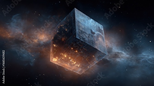 Ancient mysterious cube floating in nebula space, dark metal with glowing lights and interior illumination, cinematic 3D render