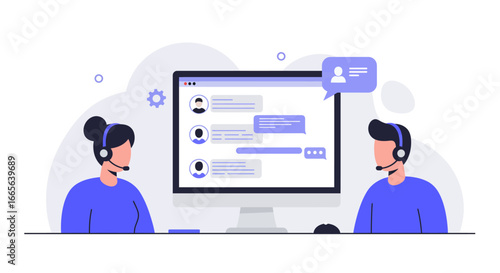 Customer Service Representatives with Computer and Chat Bubbles.
