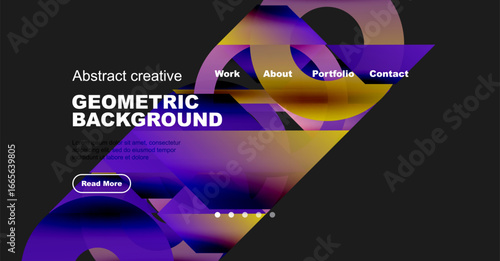 Abstract website mockup features vibrant purple, yellow shapes. Text includes headings, sample content, navigation options, button.