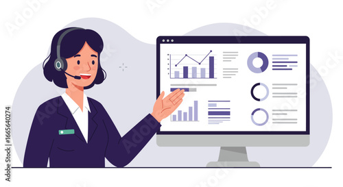Customer Service Representative Explaining Data on Computer Screen.