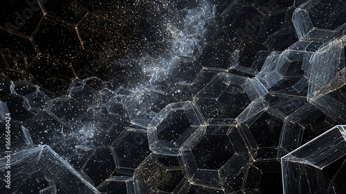 Hexagonal crystal starry sky digital nebula abstract background, futuristic glowing geometric structure, deep space tech concept