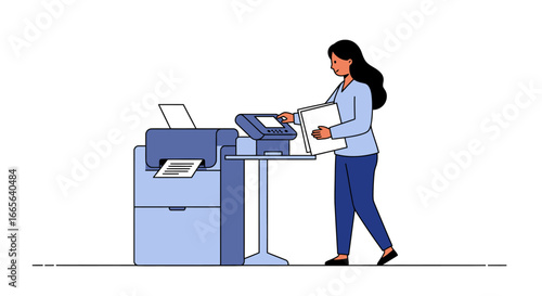 Woman Operating a Modern Office Printer and Copier.