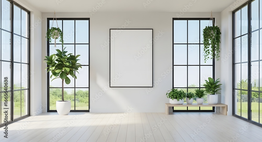 Fototapeta premium Bright Minimalist Interior with Artwork, Plants, and Natural Light Streaming Through Windows