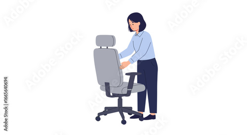 Woman Adjusting Modern Gray Office Chair Illustration.