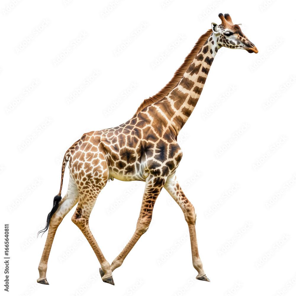 Naklejka premium Giraffe walking A giraffe moves gracefully with long strides and neck swaying. full length isolate on transparent background