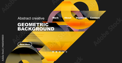 Abstract geometric background design. Yellow, orange hues dominate with text elements, navigation options present. Modern aesthetic.
