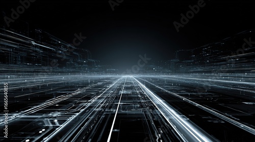 Abstract futuristic city digital background with gray white scheme, glowing lines and illuminated road perspective, technology concept
