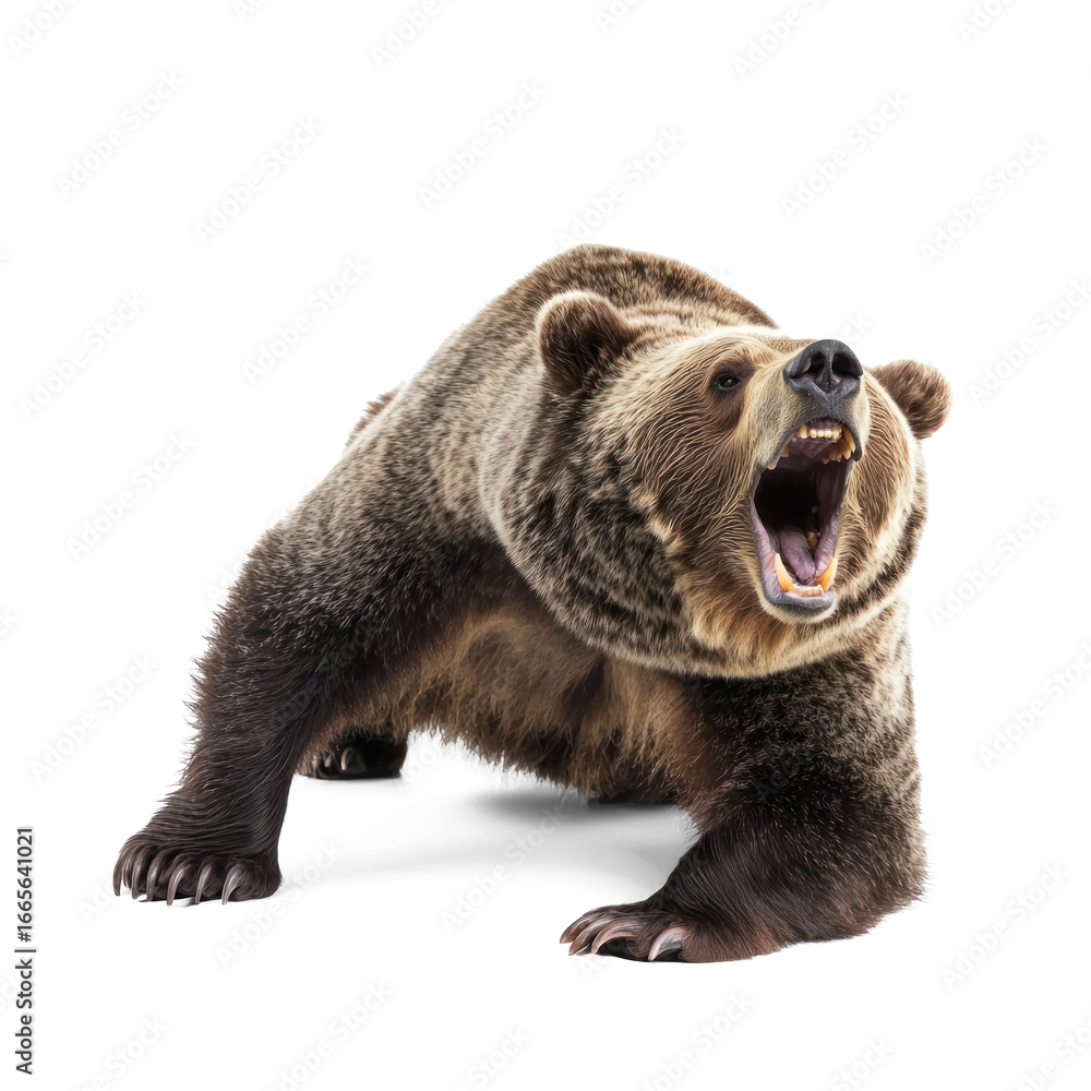 Fototapeta premium Bear stretching A bear stretches its front legs forward, arching its back and yawning. full length isolate on transparent background