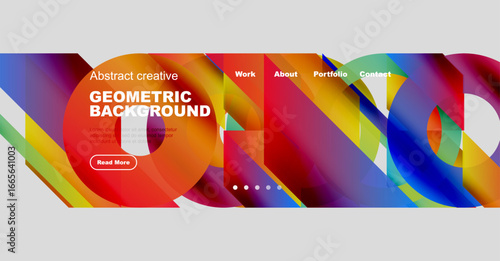 Dynamic geometric design. Bright colors blend, creating modern website header. Text overlays promote portfolio, contact options.