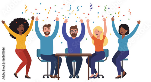 Diverse Group Celebrating Success with Confetti and Joy.