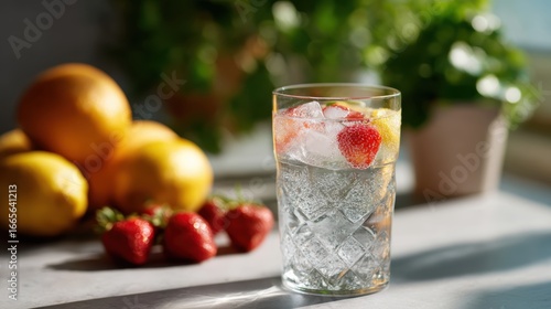 Wallpaper Mural Glass cup with infused water and ice cubes, placed near fresh fruits on a sunny kitchen counter Torontodigital.ca