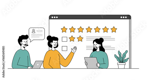 Customer Service Team Reviewing Online Feedback and Ratings.