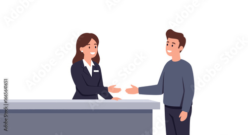 Businesswoman and Man Shaking Hands at Desk.