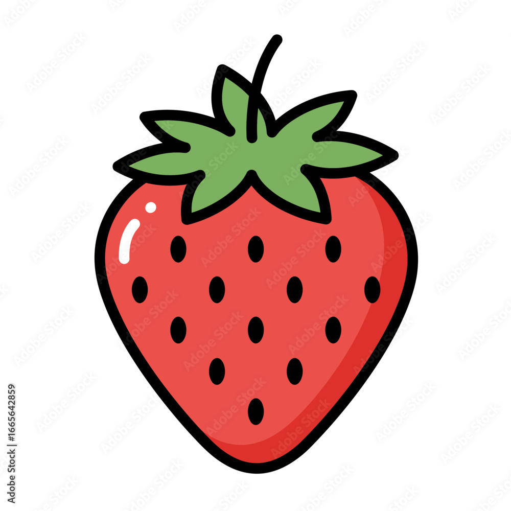 Fototapeta premium Single cartoon strawberry illustration with green leaves and seeds on white backdrop. Concept for children's book, food product packaging and summer festival designs