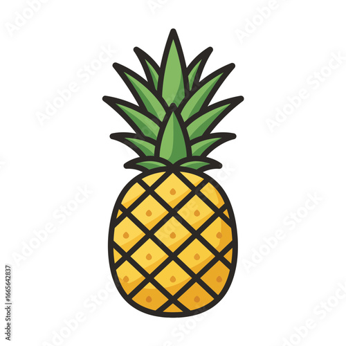 Isolated cartoon style pineapple with green leaves on top and yellow body, concept for summer theme, tropical design and food illustration