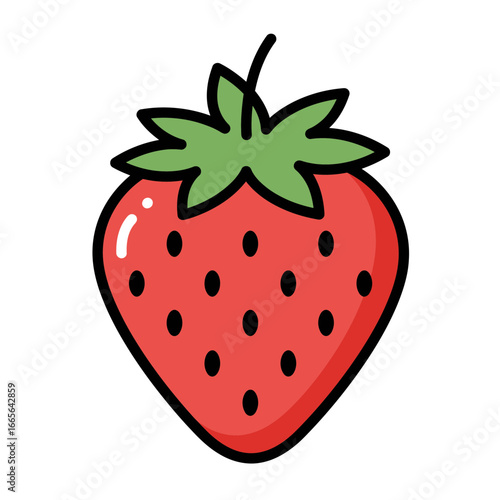 Single cartoon strawberry illustration with green leaves and seeds on white backdrop. Concept for children's book, food product packaging and summer festival designs