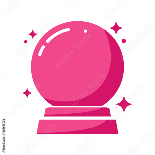 Vibrant pink crystal ball icon with sparkling stars on a clean white backdrop. Concept for Halloween decoration, psychic reading visualization and mystical event promotion