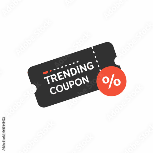 Black and red coupon ticket with trending sale text and percent sign graphic element. Concept for promotional offer design, loyalty program asset and advertising campaign material.