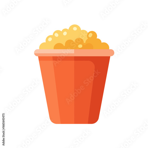Orange bucket filled with popcorn, a classic snack shown in cartoon style. Concept for cinema snacks, movie night treats and carnival food