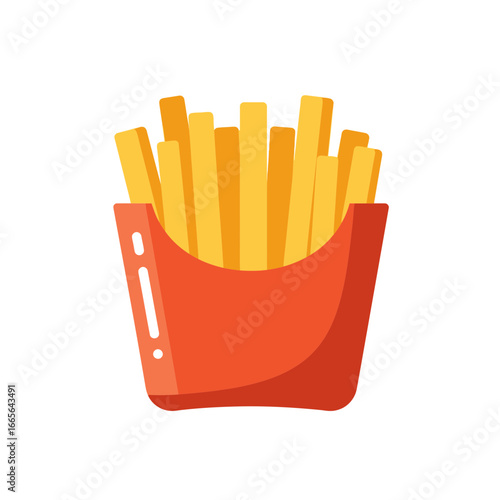 Vector illustration of classic french fries in a red carton box on a plain backdrop, concept for fast food menu, unhealthy diet guide and restaurant graphic