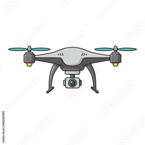 Isolated cartoon illustration of gray drone with camera and teal propellers on white backdrop. Concept for aerial photography, surveillance technology and film production visuals