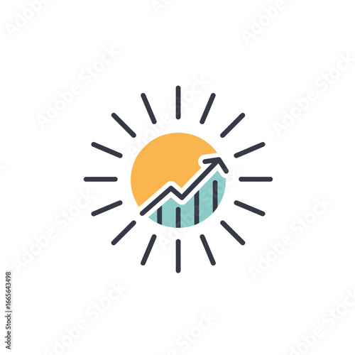 Stylized sun with upward-trending bar graph showing financial growth and optimism, concept for economic forecast, business development and positive trend analysis