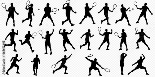A collection of black silhouettes depicting male tennis players in various dynamic poses, holding rackets and hitting tennis balls.