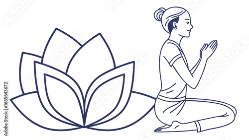 Woman meditating with lotus flower for wellness yoga and relaxation mindfulness zen spiritual health practice