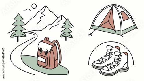 Camping and hiking gear illustration with backpack tent boots mountain and trees for outdoor adventure