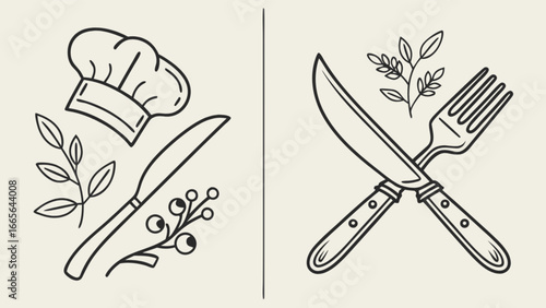 Chef knife fork restaurant culinary kitchen cooking food menu dining silverware tableware eat recipe 100char