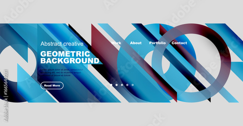 Abstract geometric design features vibrant blue, purple gradients. Website navigation includes work, about, portfolio, contact options.