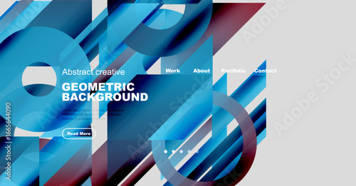 Abstract website mockup. Blue geometric shapes overlap white space. Navigation includes work, about, portfolio, contact options. Button reads Read More.