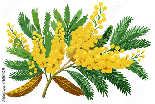 Yellow Mimosa Flower Branch Isolated on White Background – Acacia Dealbata Blossom Illustration