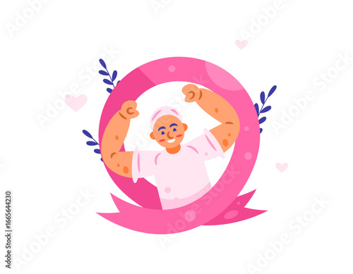 A concept for Breast Cancer Awareness. Support and sympathy for cancer patients. Illustration of a woman passionately fighting cancer and a pink ribbon. World Cancer Day. Flat design style.