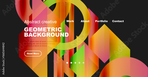 Vibrant geometric shapes overlap, creating colorful background. Text promotes work, portfolio, contact options. Button invites further reading.