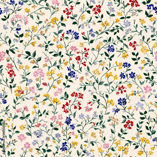 Delicate vintage inspired fabric texture featuring tiny wildflower pattern in soft pastel tones on white background with green leaves and colorful blossoms in artistic decorative style stock illustrat