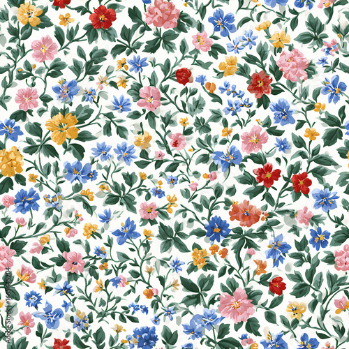 Delicate vintage inspired fabric texture featuring tiny wildflower pattern in soft pastel tones on white background with green leaves and colorful blossoms in artistic decorative style stock illustrat