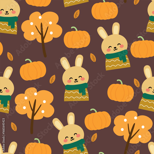 Wallpaper Mural Seamless pattern cartoon cute bunny and pumpkin with autumn vibes. cute autumn fall wallpaper for fabric print, gift wrapper Torontodigital.ca