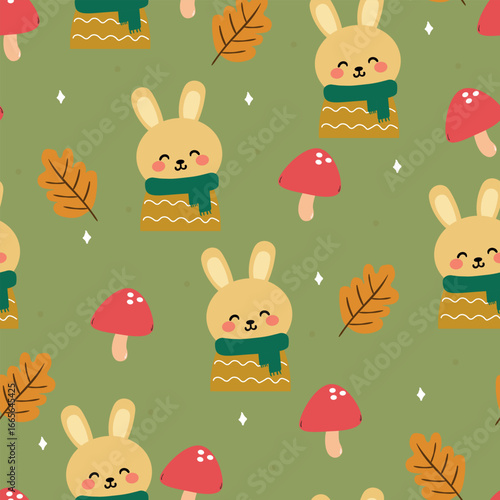 Wallpaper Mural Seamless pattern cartoon cute bunny, 
dried leaves and red mushroom with autumn vibes. cute autumn fall wallpaper for fabric print, gift wrapper Torontodigital.ca