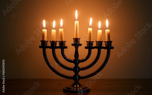 Stylized hanukkah menorah with seven lit candles. High quality
