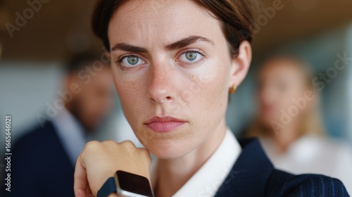 Businesswoman looking at her watch anxiously in busy office environment