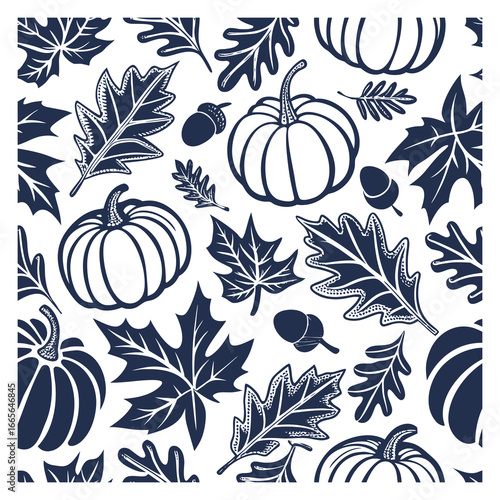 Autumn Harvest Seamless Pattern with Pumpkins, Leaves, and Acorns