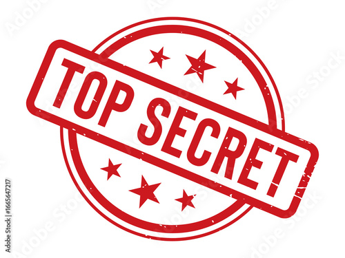 Vintage top secret stamp icon with red neon glow and stars emblematic of classified information transparent background