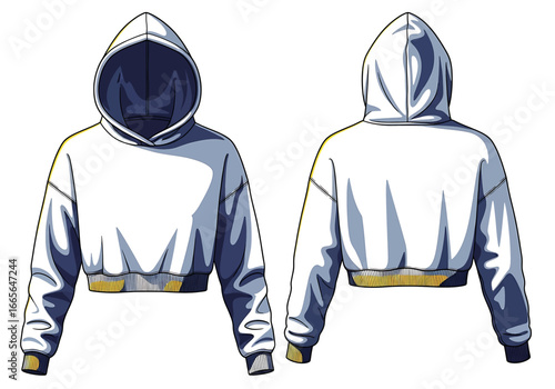 Cropped Hoodie: An illustration of a fashionable, modern cropped hoodie, showcasing the design from both front and back perspectives. 
