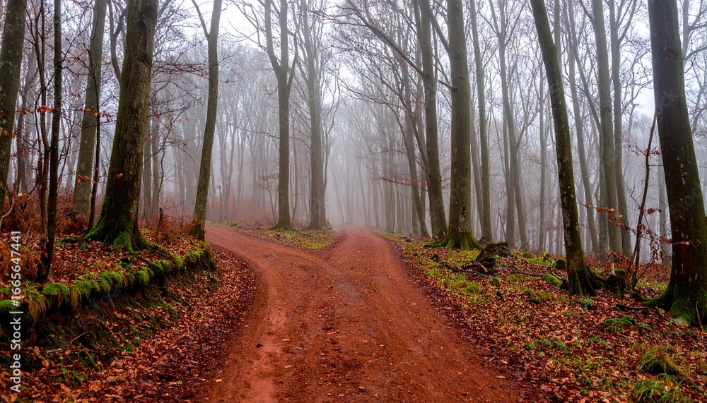 Obraz premium Misty forest path splitting into two under leafless trees, carpeted with fallen leaves—symbolizing solitude, transition, and the quiet tension of choice in a late autumn woodland.