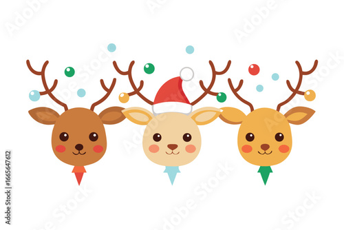 Adorable cartoon reindeer trio celebrates Christmas joy with festive decorations and cheerful smiles