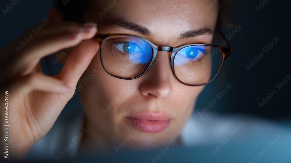 Fototapeta premium Woman adjusting blue light blocking glasses while working on computer, eye care concept