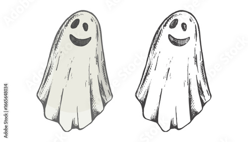 Hand drawn vintage sketch of spooky halloween ghost character with smiling face in color and monochrome versions illustration