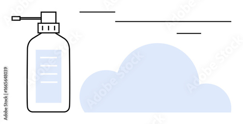 Spray bottle emitting mist near a soft cloud. Ideal for health, hygiene, protection, pandemic awareness, cleaning products, sanitization, wellness. Simple flat metaphor