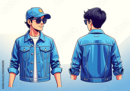 Fashionable Denim Style: An artistic illustration presenting a stylish person, dressed in a denim jacket, from both front and back perspectives, showcasing a classic wardrobe essential.
